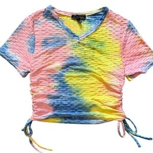 Pink and Yellow Ruched Crop T-Shirt